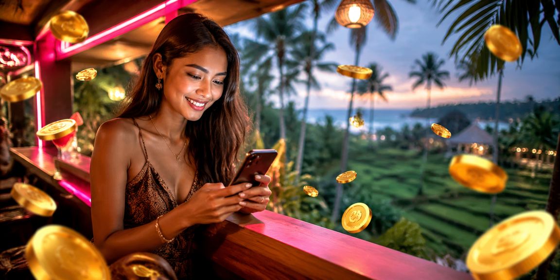 Tampilan casino mobile dengan lampu neon yang berwarna-warni dan modern